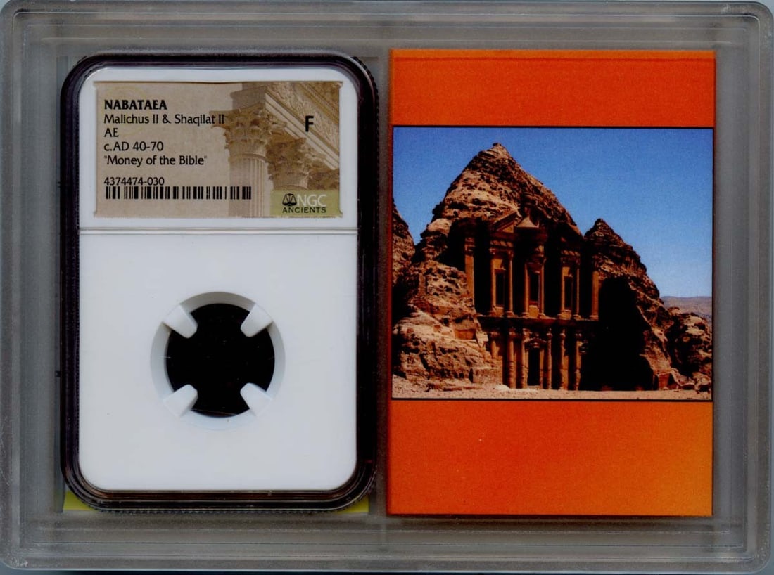 Nabataea Coin cAD 40-70 Mallchus Shaqilat II NGC F12: Nabataea Coin cAD 40-70 Mallchus Shaqilat II NGC F12 This ancient coin from the Nabataea Kingdom, dating back to cAD 40-70, features the rulers Mallchus and Shaqilat II. It has been certified by NGC w
