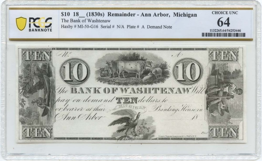 PCGS CU64 Bank of Washtenaw 1830s 10 Dollar Ann Arbor Michigan Note: PCGS CU64 Bank of Washtenaw 1830s 10 Dollar Ann Arbor Michigan Note 1830s $10 obsolete note from the Bank of Washtenaw in Ann Arbor, Michigan. This pre-owned banknote is graded PCGS CU64 and uncircula