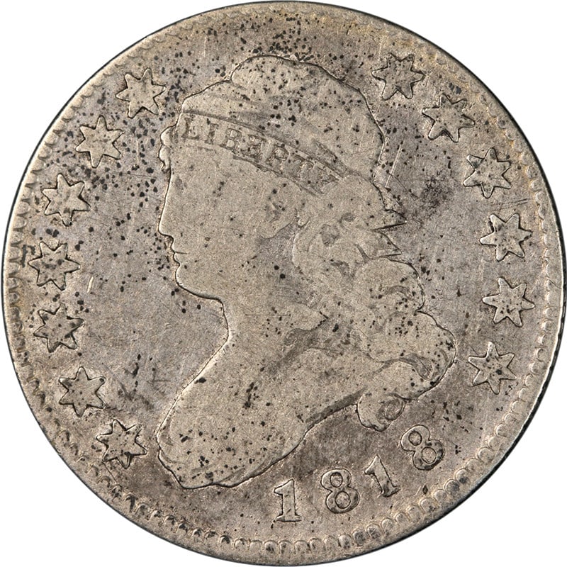 1818 Silver Bust Quarter Circulated VG Uncertified: 1818 Silver Bust Quarter Circulated VG Uncertified Original 1818 Bust Quarter with nice eye appeal, a nice strike, and pleasing color and surfaces. This circulated coin is graded Nice VG and is uncert