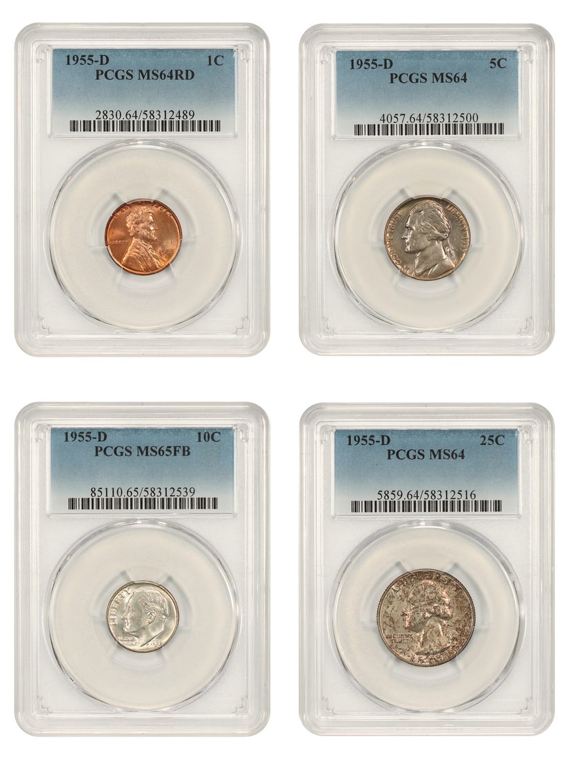 PCGS certified 1955 Denver mint coin set 1C 5C 10C 25C: PCGS certified 1955 Denver mint coin set 1C 5C 10C 25C Complete 1955 Denver Mint 4-coin set certified by PCGS, featuring the denominations issued for the year: 1C, 5C, 10C, and 25C. The set includes a