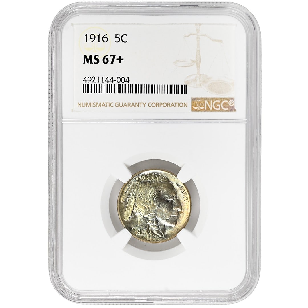NGC MS67+ 1916 Buffalo Nickel 5C Philadelphia: NGC MS67+ 1916 Buffalo Nickel 5C Philadelphia 1916 Buffalo Nickel certified by NGC and graded MS67+. This uncirculated Type 2 example is superbly struck, with attractive light blue and gold intermingl