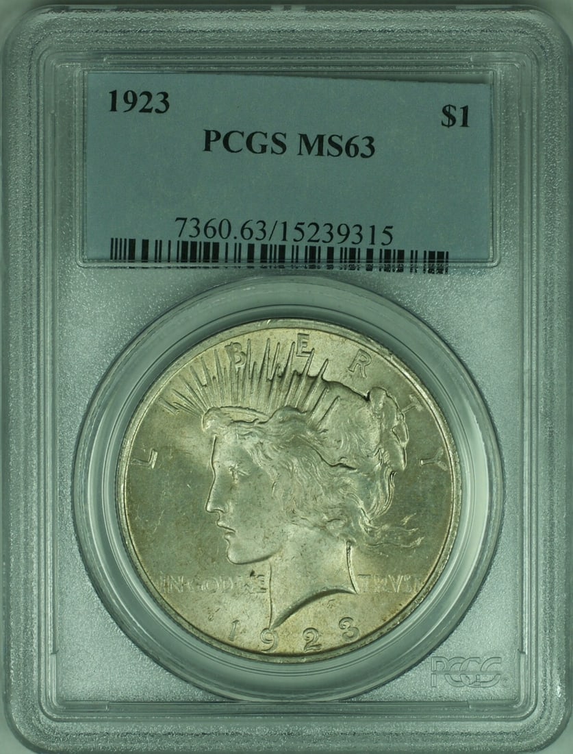 1923 Peace Dollar Silver $1 PCGS MS-63 Certified Light Toning: 1923 Peace Dollar Silver $1 PCGS MS-63 Certified Light Toning This 1923 Peace Silver Dollar is a $1 coin from the United States, minted in Philadelphia. Certified by PCGS with a grade of MS 63, this u