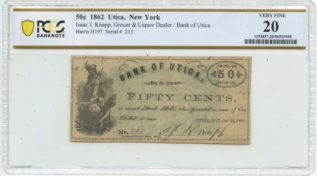 PCGS VF20 Utica New York 1862 50 Cents Obsolete Note Isaac Knapp (1 of 2)