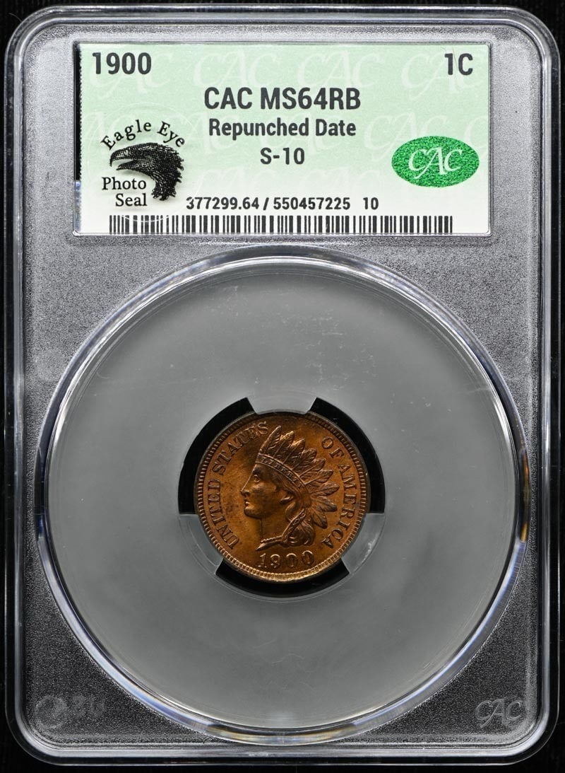 CACG MS64RB 1900 Indian Cent 1C Repunched Date S-10 CAC: CACG MS64RB 1900 Indian Cent 1C Repunched Date S-10 CAC 1900 Indian Cent 1C with repunched date attribution S-10. This pre-owned coin is graded MS64RB by CACG and carries CAC and Eagle Eye designation