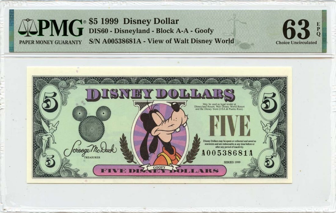 PMG MS63 1999 $5 Goofy Disney Dollar Walt Disney World Note (1 of 2)