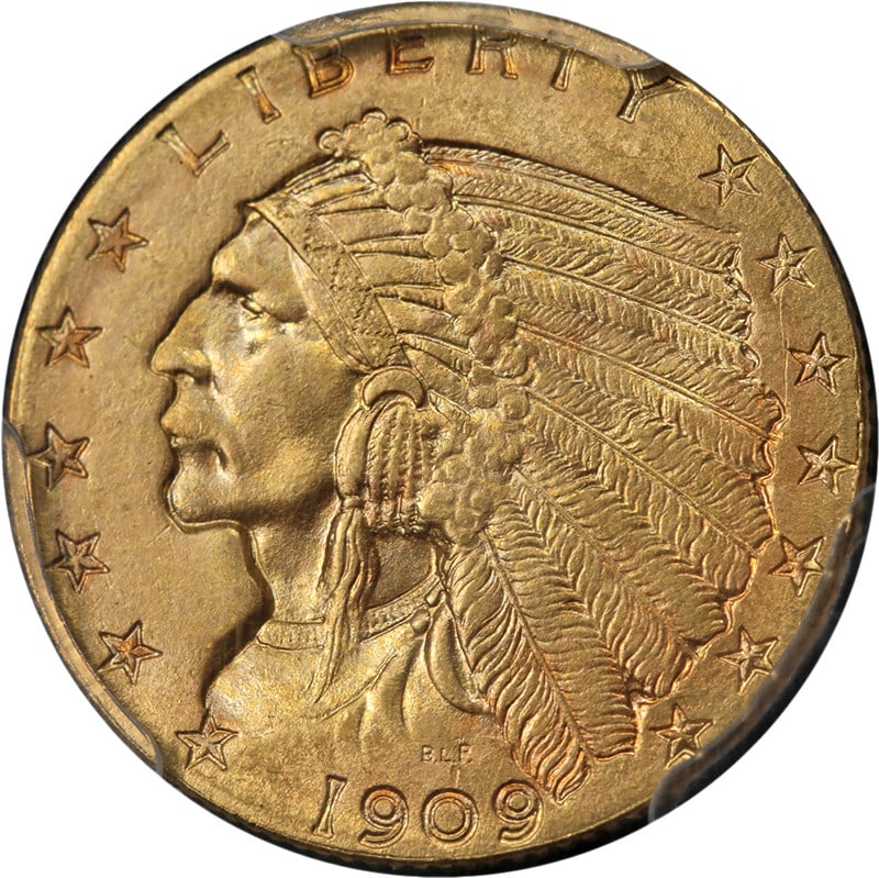 PCGS MS65+ CAC 1909 Indian Head $2.50 Gold Quarter Eagle (1 of 4)