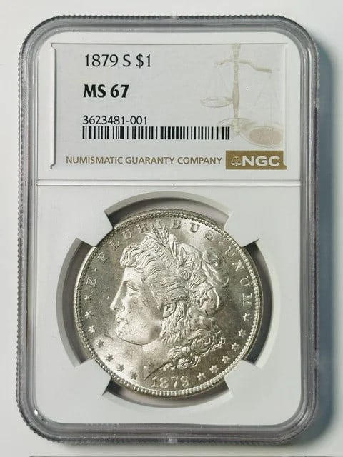 NGC MS 67 1879 S Morgan Silver Dollar: NGC MS 67 1879 S Morgan Silver Dollar 1879 Morgan Silver Dollar certified by NGC and graded MS 67. This pre-owned coin is composed of silver and was minted in San Francisco, USA. Specifications Coin T