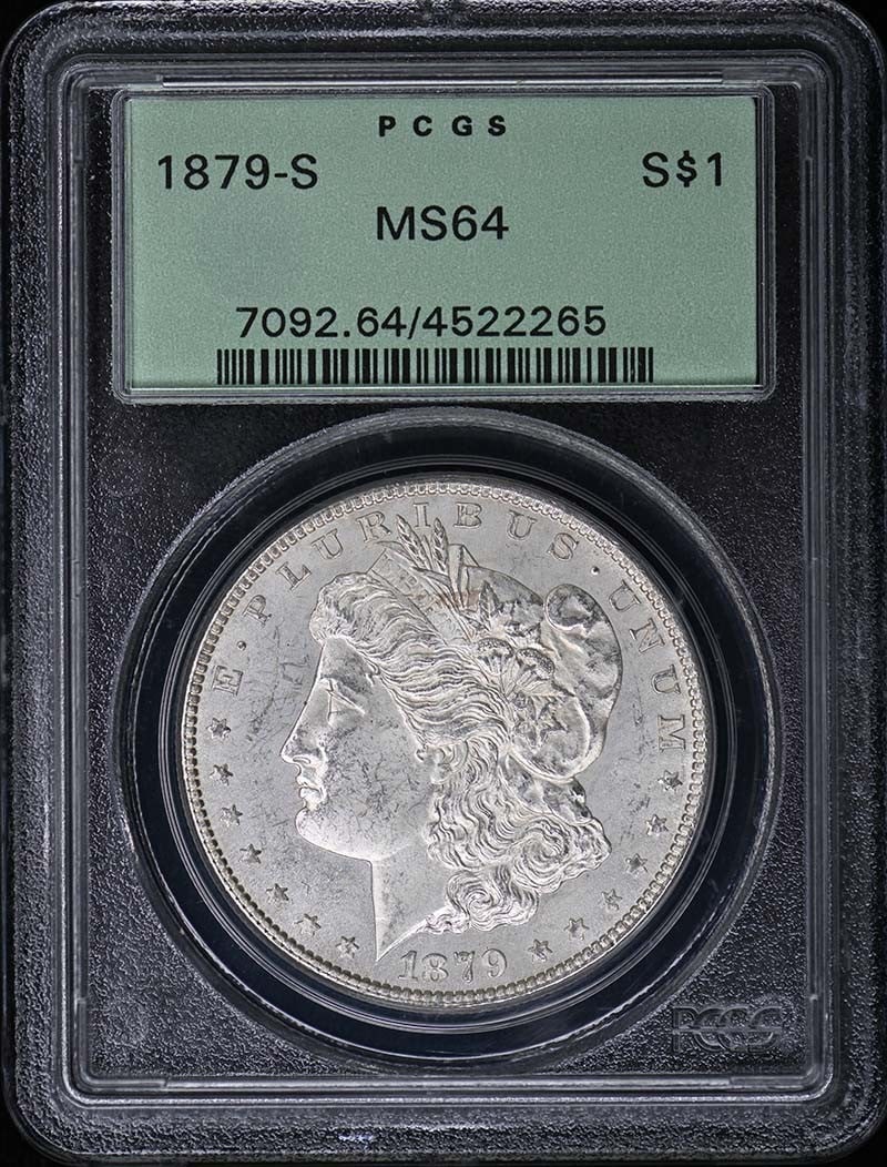 1879 S Morgan Dollar PCGS MS64 San Francisco Mint: 1879 S Morgan Dollar PCGS MS64 San Francisco Mint This 1879 Morgan Dollar was minted in San Francisco and is graded MS64 by PCGS. The coin is uncirculated and comes with its original green holder (OGH