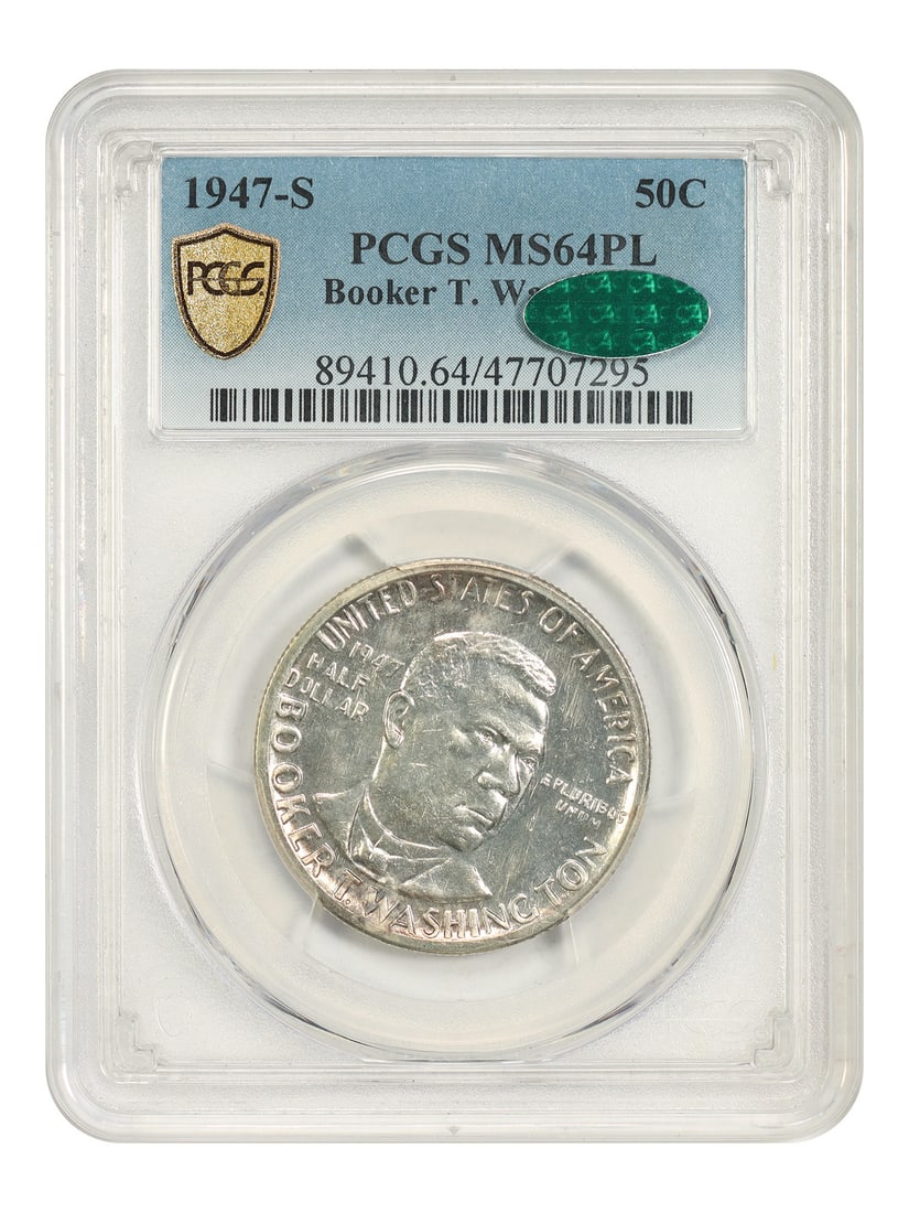 PCGS CAC MS64PL 1947 S Booker T Washington Half Dollar: PCGS CAC MS64PL 1947 S Booker T Washington Half Dollar 1947-S Booker T. Washington classic silver commemorative half dollar, certified by PCGS and CAC in MS64PL condition. From a PCGS population of 2,