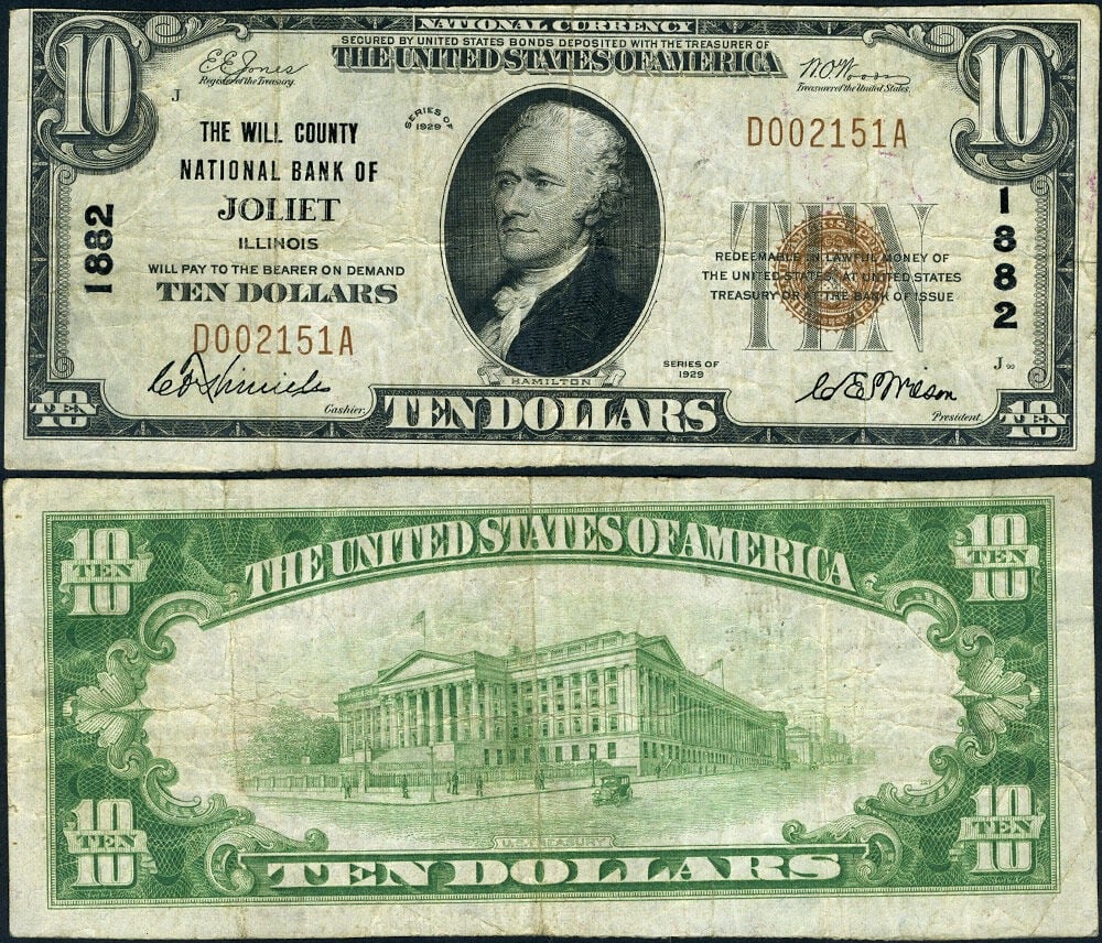 1929 T-1 $10 National Bank Note Joliet Illinois CH 1882 Will County VF (1 of 3)