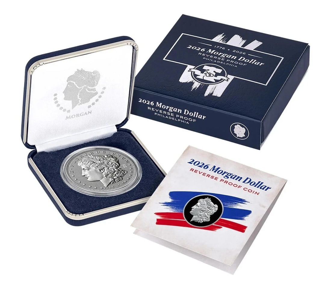 U.S. Mint 2026 Morgan Dollar $1 Reverse Proof Bell Privy OGP COA: U.S. Mint 2026 Morgan Dollar $1 Reverse Proof Bell Privy OGP COA 2026-P Reverse Proof Morgan Dollar $1 with dual date bell privy, presented with original government packaging and certificate of authen