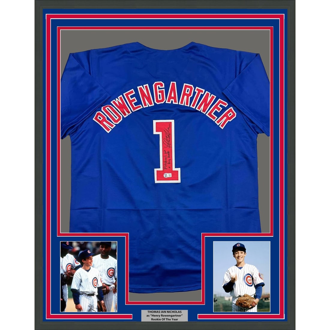 35x39 Framed Chicago Cubs Jersey Signed by Thomas Ian Nicholas JSA: 35x39 Framed Chicago Cubs Jersey Signed by Thomas Ian Nicholas JSA Professionally framed and matted original signed Chicago Cubs blue jersey autographed by Thomas Ian Nicholas. This pre-owned display 