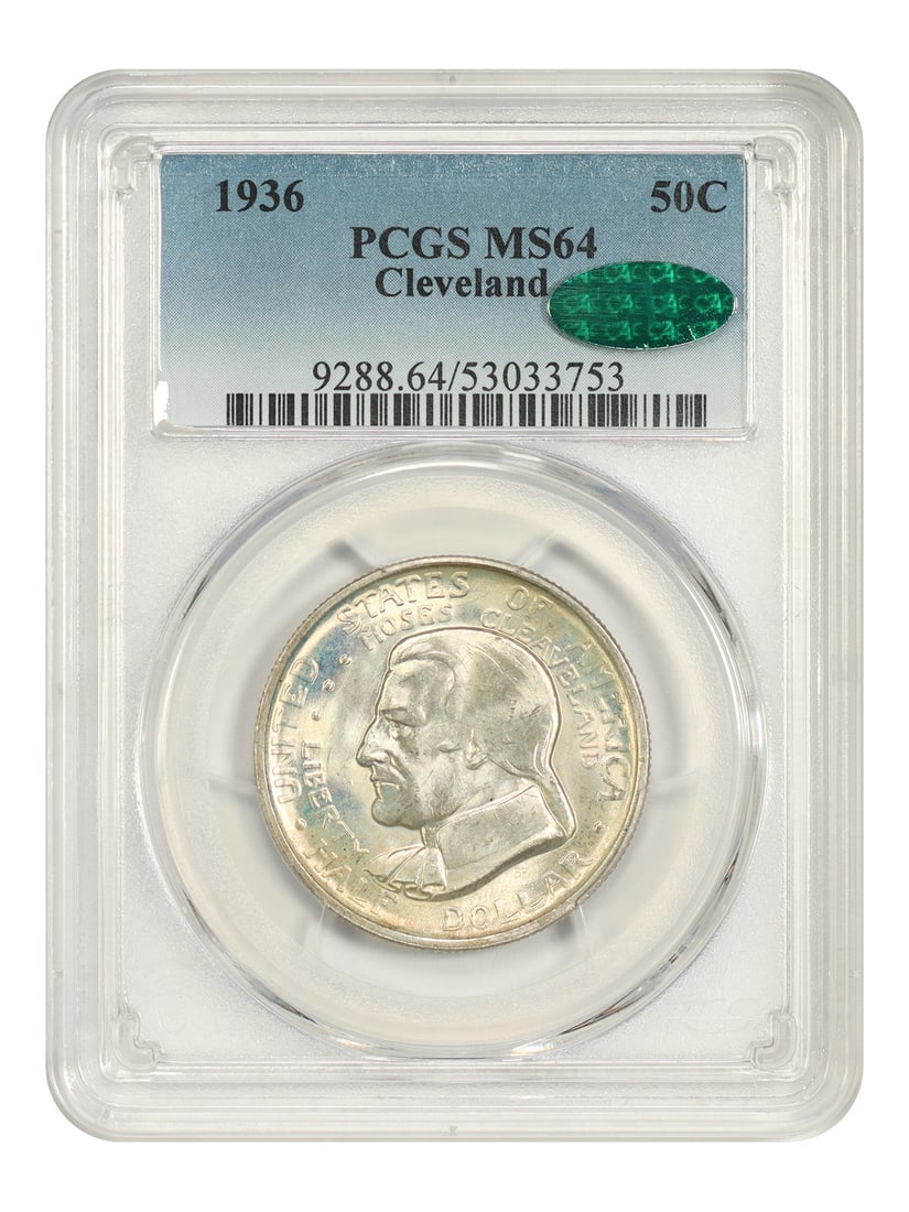 PCGS CAC MS64 1936 Cleveland 50C Silver Commemorative Half Dollar: PCGS CAC MS64 1936 Cleveland 50C Silver Commemorative Half Dollar 1936 Cleveland 50C classic silver commemorative coin, certified by PCGS and approved by CAC in MS64 condition. This uncirculated Phila