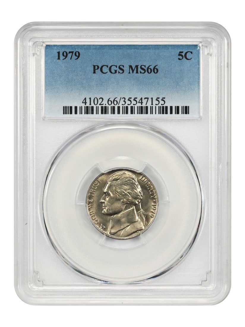 PCGS MS66 1979 Jefferson Nickel 5C Uncirculated: PCGS MS66 1979 Jefferson Nickel 5C Uncirculated 1979 Jefferson Nickel certified by PCGS in MS66 grade. This uncirculated 5C coin is a pre-owned example from the Philadelphia Mint. Specifications Denom