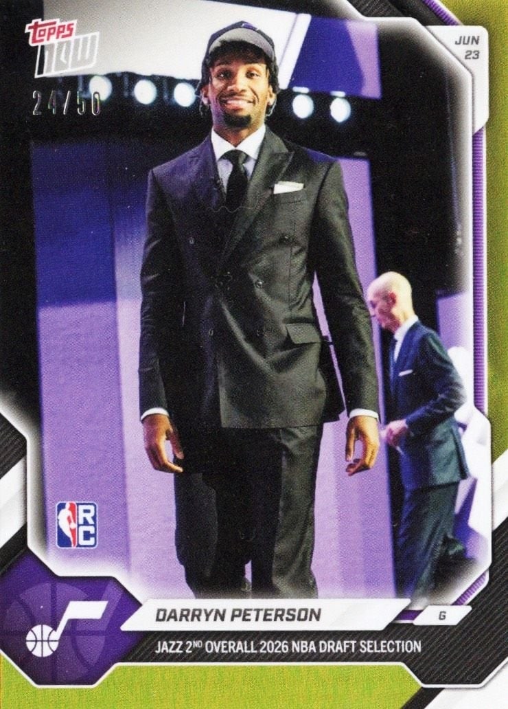 Topps Now DPET Darryn Peterson Gold Foil Rookie Card /50: Topps Now DPET Darryn Peterson Gold Foil Rookie Card /50 2026 Topps Now Darryn Peterson #DPET Gold Foil /50 rookie basketball card. This pre-owned sports trading card features the Gold Foil parallel f