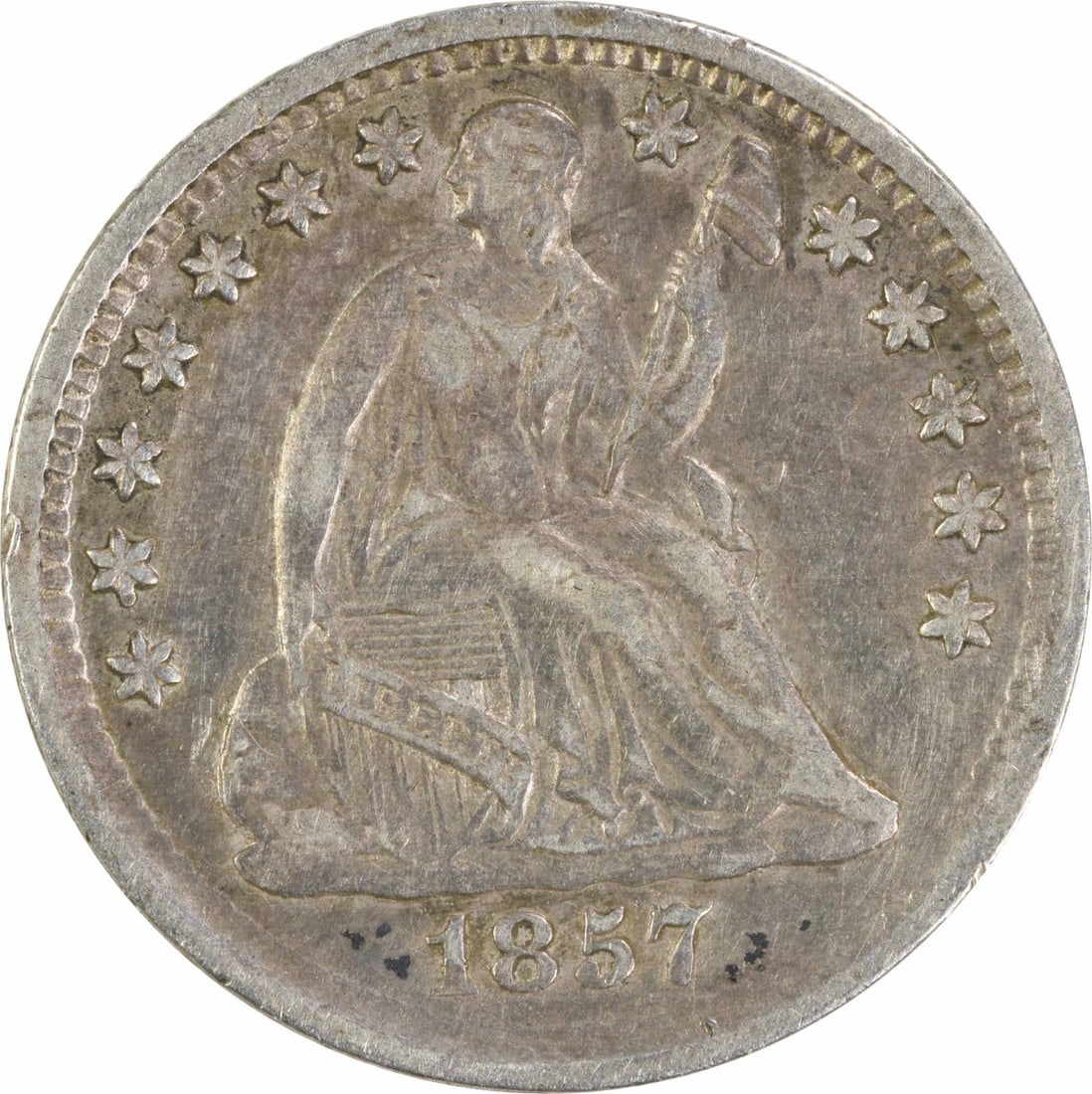 1857 Seated Liberty Half Dime Silver EF Uncertified: 1857 Seated Liberty Half Dime Silver EF Uncertified 1857 Liberty Seated silver half dime. This circulated coin is uncertified and graded EF, with a Liberty Seated design and silver composition. Specif