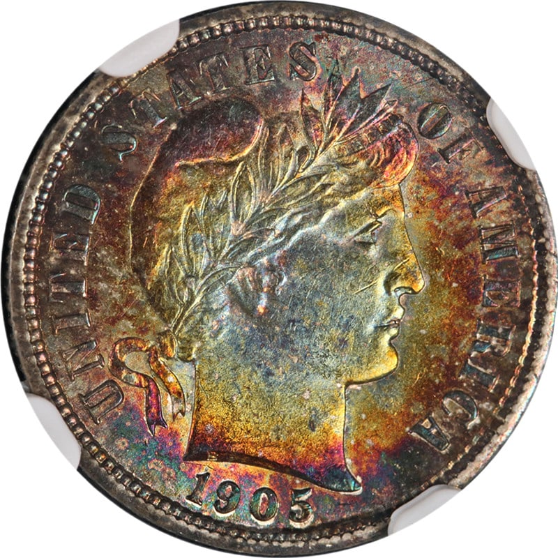 NGC MS63 1905-P Barber Dime Silver Uncirculated Rainbow Color: NGC MS63 1905-P Barber Dime Silver Uncirculated Rainbow Color A 1905-P Barber Dime certified by NGC as MS63. This uncirculated silver coin is described as having ridiculous color, superb eye appeal, f