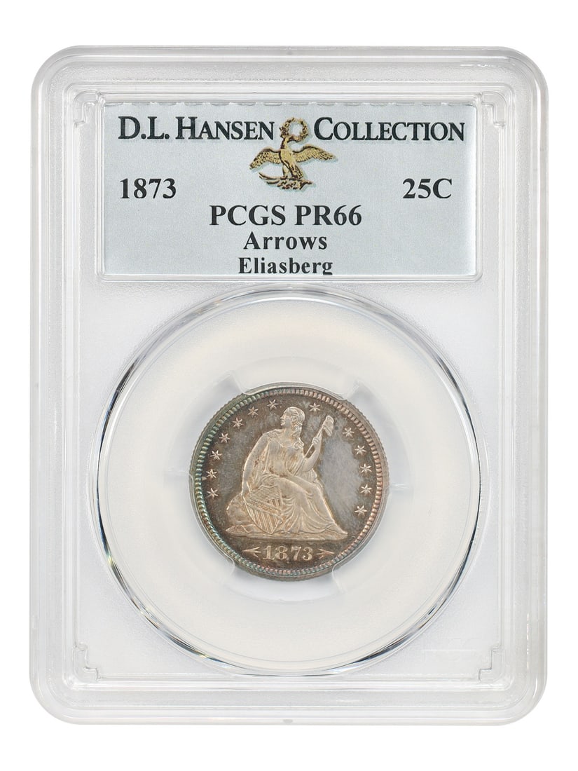 1873 Liberty Seated Quarter 25C Arrows PCGS PR66 Eliasberg Hansen: 1873 Liberty Seated Quarter 25C Arrows PCGS PR66 Eliasberg Hansen 1873 Liberty Seated Quarter, denomination 25C, graded PCGS PR66 (Arrows). This scarce proof issue was struck for just 2 years, and onl