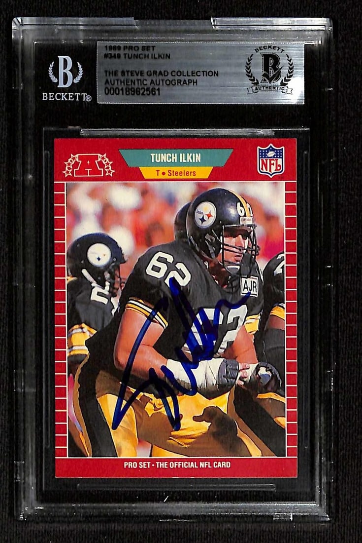 Beckett Authenticated 1989 Pro Set Tunch Ilkin Steelers Autograph Card: Beckett Authenticated 1989 Pro Set Tunch Ilkin Steelers Autograph Card Signed 1989 Pro Set football trading card featuring Tunch Ilkin of the Pittsburgh Steelers. The card is hand-signed across the fr