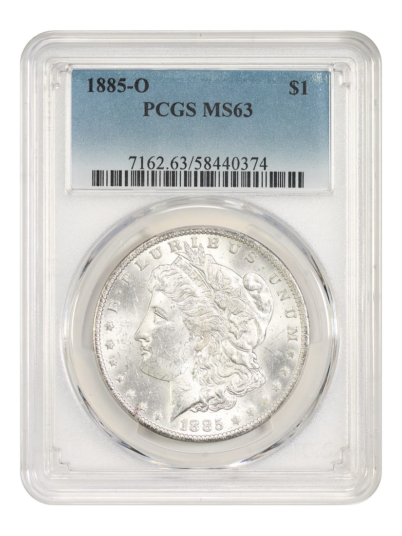 PCGS MS63 1885 O Morgan Silver Dollar $1: PCGS MS63 1885 O Morgan Silver Dollar $1 1885-O Morgan Dollar certified by PCGS in MS63 grade. This uncirculated New Orleans issue is a readily available Morgan silver dollar with a mintage of 9,185,0