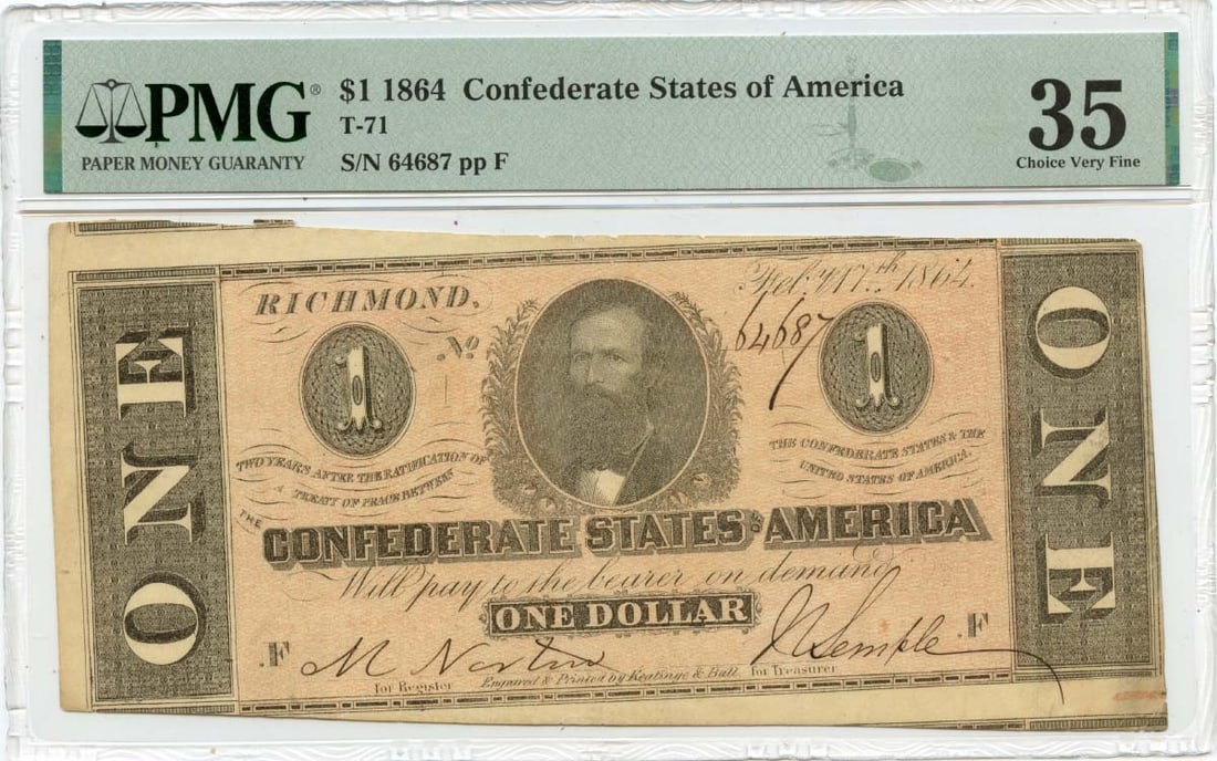 PMG VF35 1864 Confederate States of America T-71 1 Dollar Note (1 of 2)