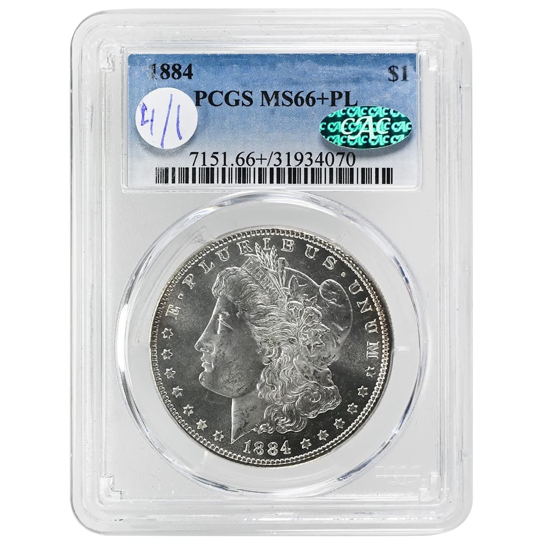 PCGS MS66+PL CAC 1884 Morgan Silver Dollar: PCGS MS66+PL CAC 1884 Morgan Silver Dollar 1884 Morgan Silver Dollar with a Proof-Like strike, graded PCGS MS66+PL and CAC approved. This pre-owned United States silver dollar is a Philadelphia issue 