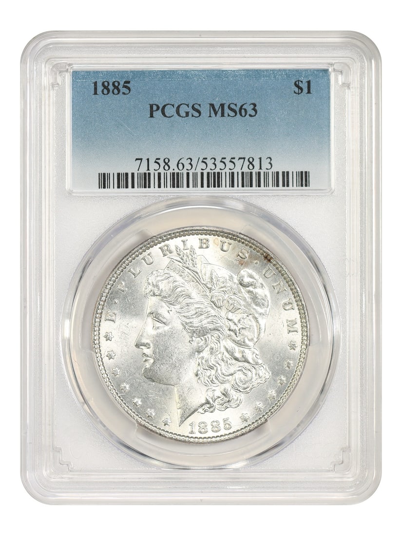 1885 Morgan Silver Dollar PCGS MS63 Philadelphia $1 Coin: 1885 Morgan Silver Dollar PCGS MS63 Philadelphia $1 Coin 1885 Morgan Dollar certified by PCGS in MS63 grade. Struck at the Philadelphia Mint, this uncirculated example represents a popular collector d
