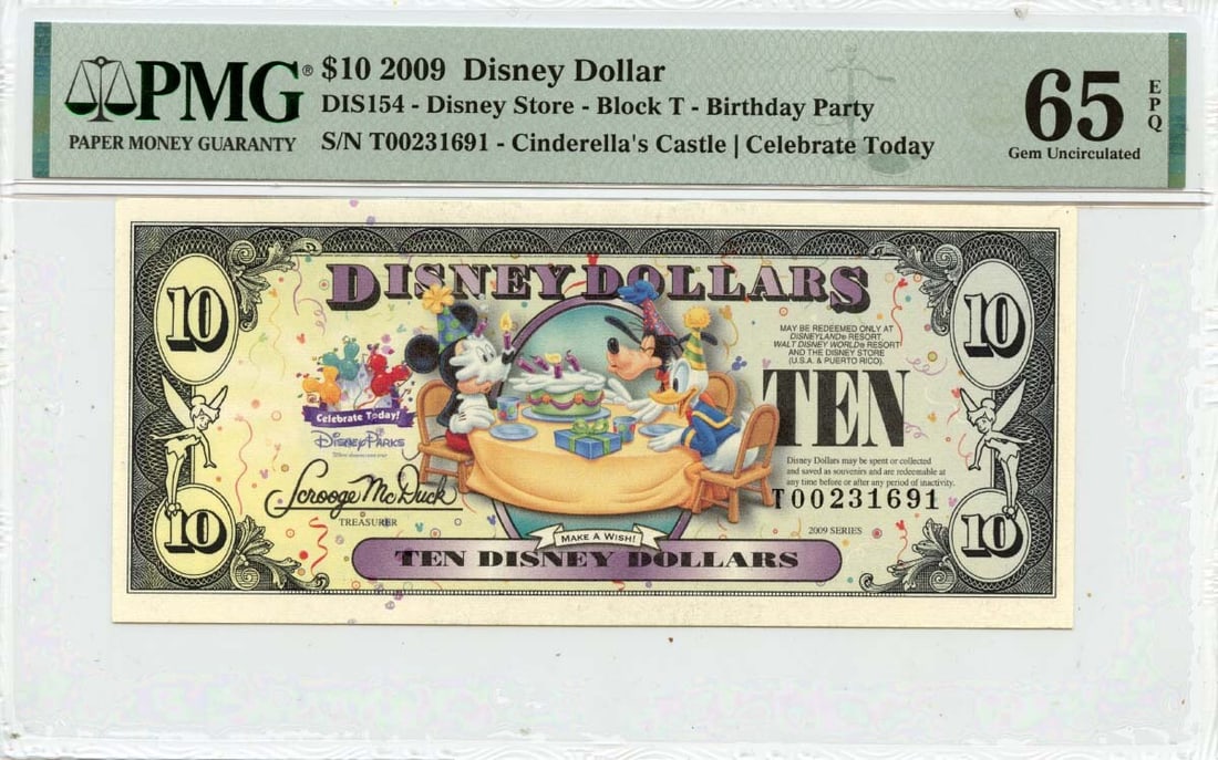 2009 Disney Dollar Ten Dollar Note Cinderella's Castle PMG Gem65 EPQ: 2009 Disney Dollar Ten Dollar Note Cinderella's Castle PMG Gem65 EPQ This 2009 $10 Disney Dollar features Cinderella's Castle and has been certified by PMG with a grade of Gem65 EPQ. It is an uncircul