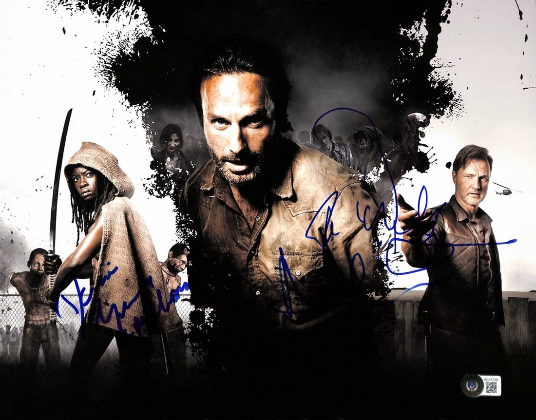 Beckett LOA 11x14 Walking Dead Cast Signed Photo Lincoln Morrissey Gurira: Beckett LOA 11x14 Walking Dead Cast Signed Photo Lincoln Morrissey Gurira Original 11x14 photograph from The Walking Dead, signed by Andrew Lincoln, David Morrissey, and Danai Gurira in blue permanent