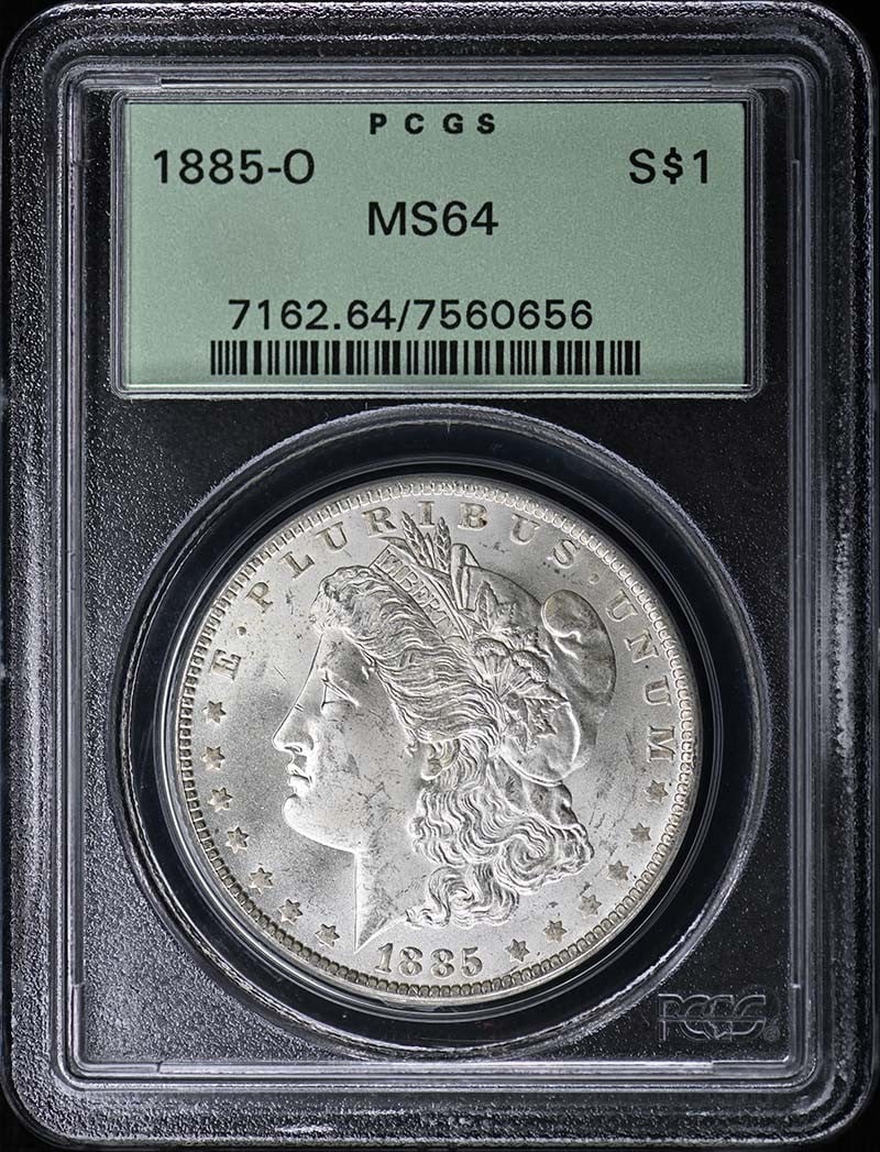 PCGS MS64 1885 O Morgan Silver Dollar: PCGS MS64 1885 O Morgan Silver Dollar 1885-O Morgan Dollar certified by PCGS and graded MS64. This pre-owned coin is an uncirculated example struck at the New Orleans Mint. Specifications Coin Type: M