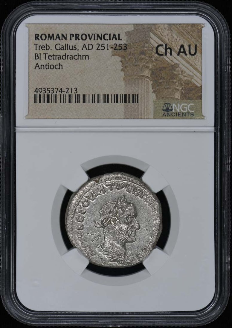 Roman Provincial Tetradrachm of Trebonianus Gallus NGC AU55 Certified: Roman Provincial Tetradrachm of Trebonianus Gallus NGC AU55 Certified This Roman Provincial BI Tetradrachm from the reign of Trebonianus Gallus (AD 251-253) is certified by NGC with a grade of AU55. T