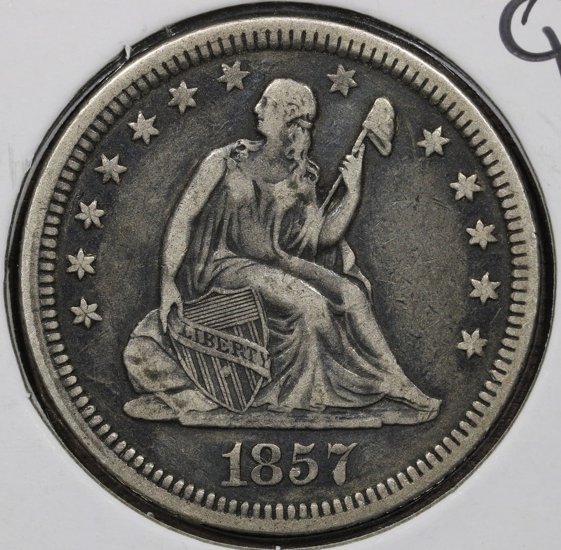 1857 United States Seated Liberty Silver Quarter 25C XF: 1857 United States Seated Liberty Silver Quarter 25C XF 1857 Seated Liberty Quarter with 25C denomination. This silver United States coin was minted in Philadelphia and is listed in XF Extra Fine cond