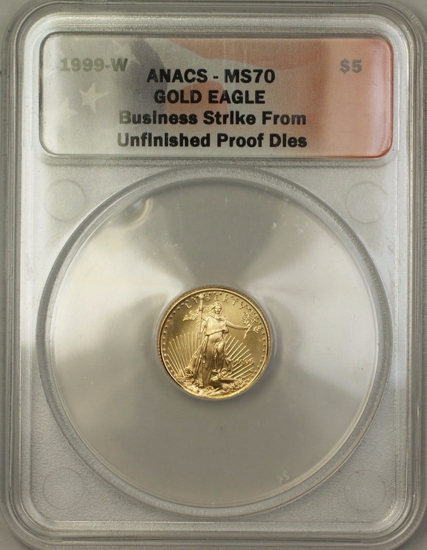 ANACS MS70 1999-W $5 American Gold Eagle Emergency Issue Coin: ANACS MS70 1999-W $5 American Gold Eagle Emergency Issue Coin 1999-W $5 American Gold Eagle coin certified by ANACS as MS 70. This Emergency Issue example is identified as a business strike from unfin