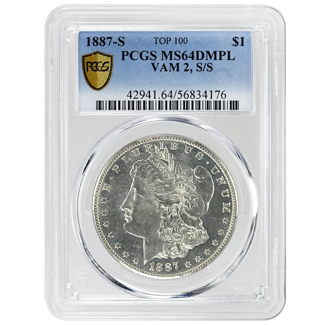 PCGS MS64 DMPL 1887-S Morgan Dollar VAM 2 S S: PCGS MS64 DMPL 1887-S Morgan Dollar VAM 2 S S 1887-S Morgan Silver Dollar graded PCGS MS64 DMPL, attributed as VAM 2 S/S. This pre-owned United States silver dollar features bright white surfaces and 