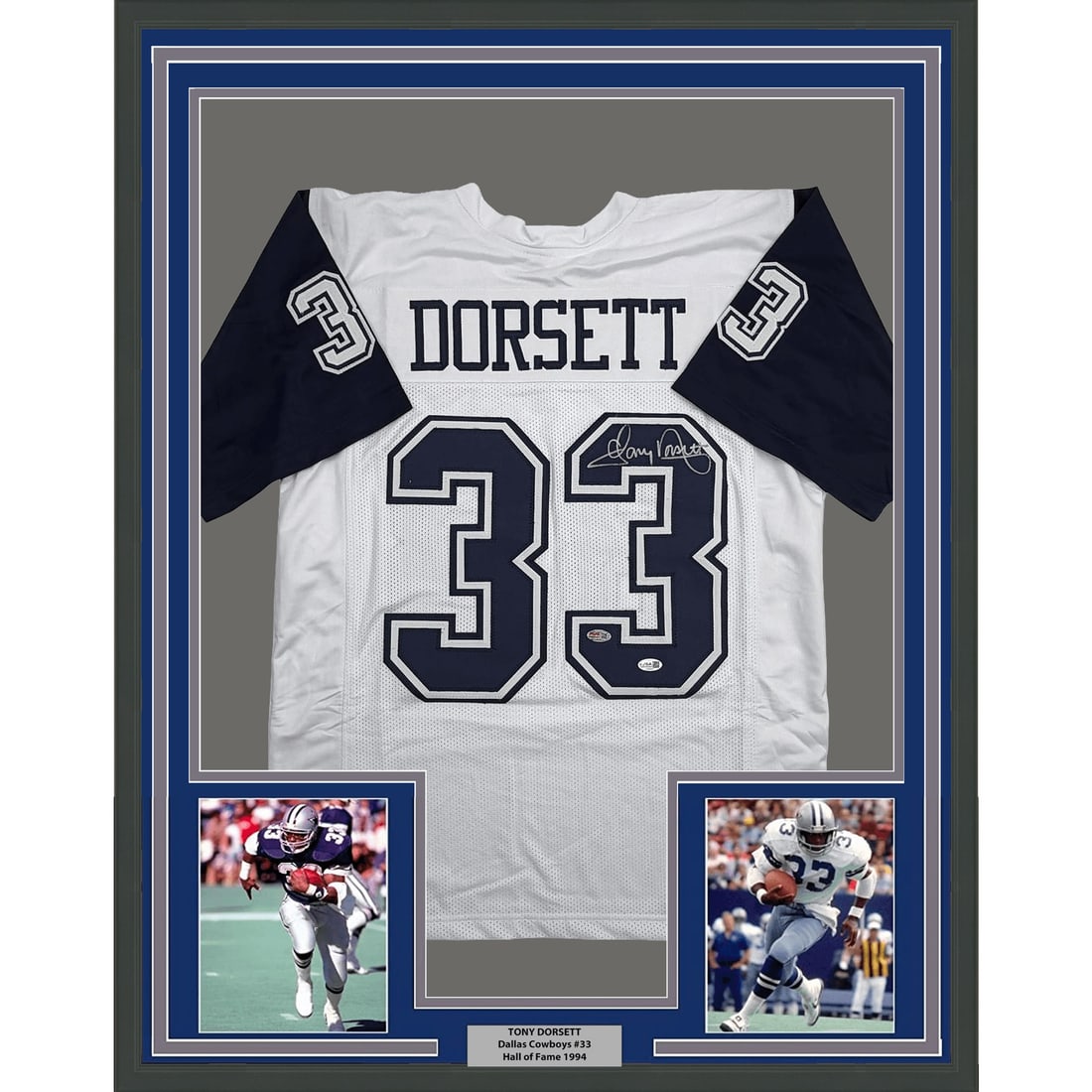 Tony Dorsett signed framed football jersey Dallas Cowboys JSA authenticated: Tony Dorsett signed framed football jersey Dallas Cowboys JSA authenticated Professionally framed and matted autographed Tony Dorsett Dallas Cowboys football jersey. This original signed display inclu