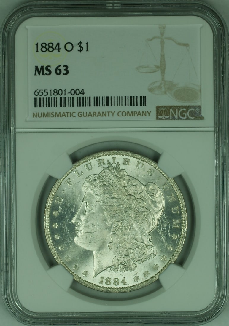 NGC MS-63 1884-O Morgan Silver Dollar Uncirculated $1 Coin: NGC MS-63 1884-O Morgan Silver Dollar Uncirculated $1 Coin This 1884-O Morgan Silver Dollar is graded MS-63 by NGC. Minted in New Orleans, this uncirculated coin features a silver composition and a $1