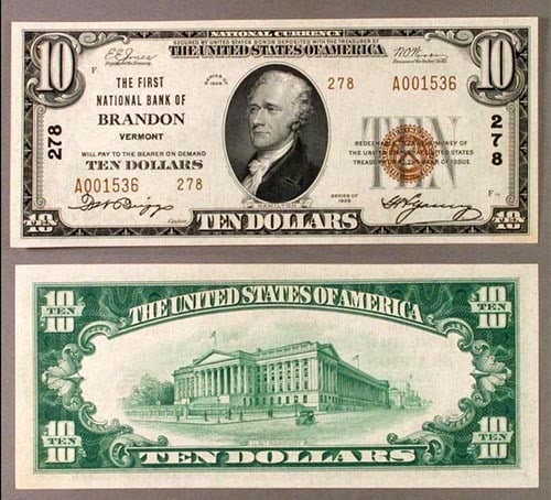 1929 T-2 $10 National Bank Note Brandon Vermont CH #278 Gem Choice: 1929 T-2 $10 National Bank Note Brandon Vermont CH #278 Gem Choice This is a 1929 Series T-2 $10 National Bank Note from Brandon, Vermont, with charter number 278. The note is graded as Gem Choice, in