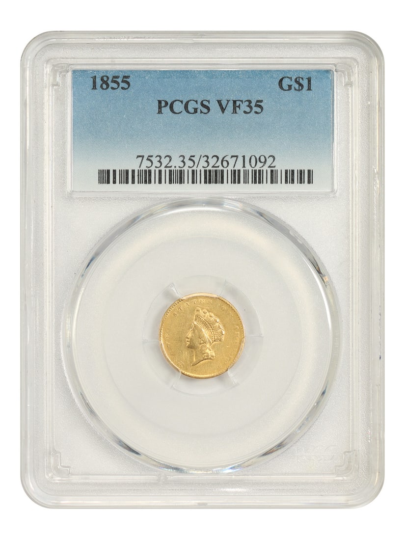 1855 Type 2 Gold Dollar G$1 PCGS VF35 Scarce Issue: 1855 Type 2 Gold Dollar G$1 PCGS VF35 Scarce Issue 1855 G$1 Type 2 Gold Dollar certified by PCGS in VF35. This circulated example represents the popular and scarce Type 2 design and is offered as a pr