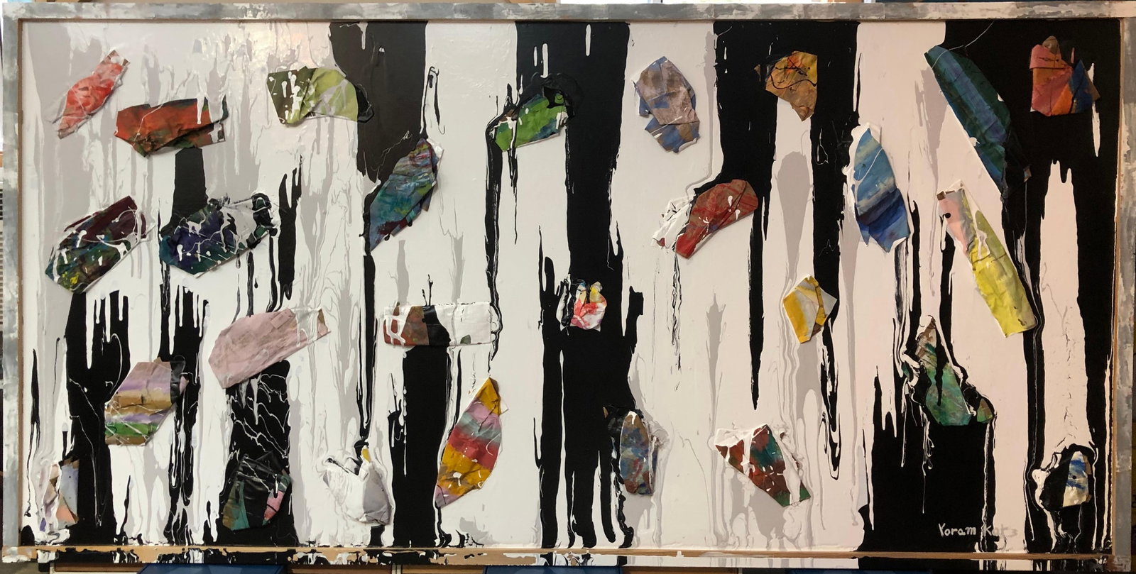Yoram Katz Gifts from Heaven abstract painting 48 x 96 in: Yoram Katz Gifts from Heaven abstract painting 48 x 96 in "Gifts from Heaven" is a 2019 abstract mixed media painting by Yoram Katz. Created in oil, acrylic, and enamel on board, this work is presente