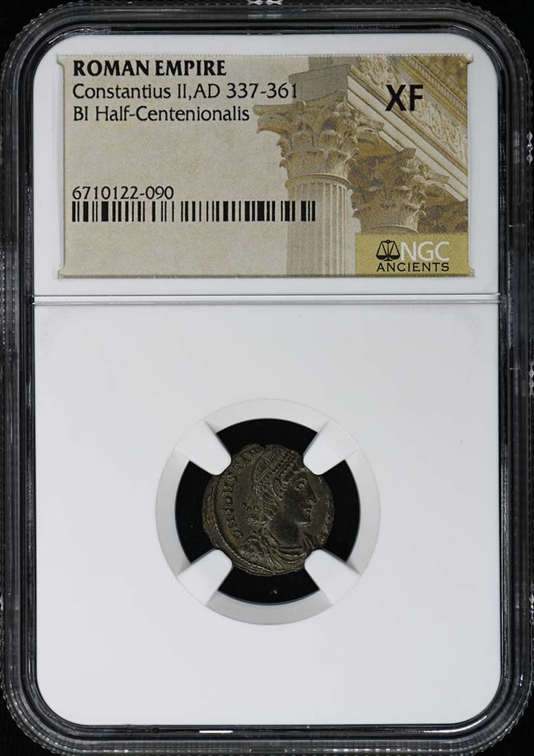 Roman Empire Constantius II Half-Centenionalis NGC XF Graded Coin: Roman Empire Constantius II Half-Centenionalis NGC XF Graded Coin This is a Roman Empire BI Half-Centenionalis coin from the reign of Constantius II, dated AD 337-361. The coin has been certified by N