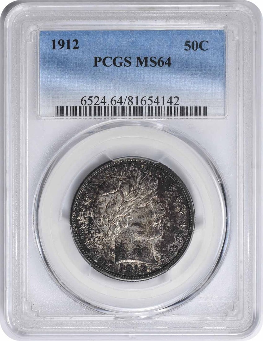 1912 Barber Half Dollar MS64 PCGS Uncirculated 90% Silver Coin: 1912 Barber Half Dollar MS64 PCGS Uncirculated 90% Silver Coin This 1912 Barber Silver Half Dollar is graded MS64 by PCGS, indicating its uncirculated condition. Struck at the Philadelphia Mint, this 