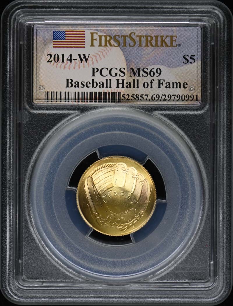 PCGS MS69 2014-W $5 Baseball Hall of Fame Coin First Strike: PCGS MS69 2014-W $5 Baseball Hall of Fame Coin First Strike 2014-W $5 Baseball Hall of Fame commemorative coin graded MS69 by PCGS. This pre-owned example is a First Strike issue from the United State