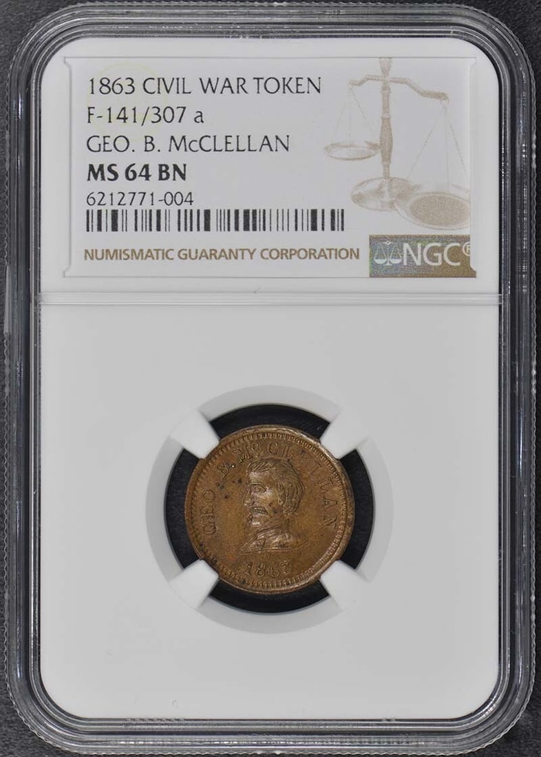 NGC MS64BN 1864 Civil War Token F-141 307a McClellan: NGC MS64BN 1864 Civil War Token F-141 307a McClellan 1864 Civil War F-141/307a token featuring McClellan, graded MS64BN by NGC. This pre-owned token is uncirculated and comes encapsulated in a protect