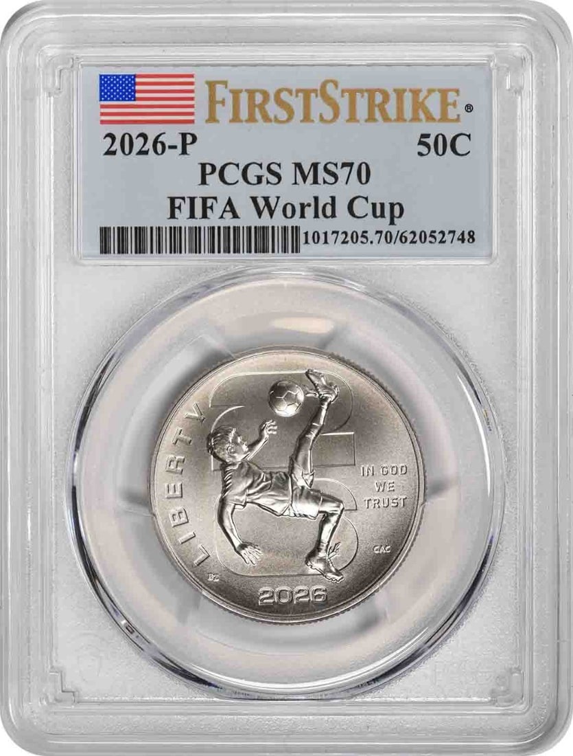 PCGS MS70 First Strike 2026-P FIFA World Cup Commemorative Half Dollar: PCGS MS70 First Strike 2026-P FIFA World Cup Commemorative Half Dollar 2026-P FIFA World Cup(tm) commemorative clad half dollar certified by PCGS and graded MS70 First Strike. This uncirculated United