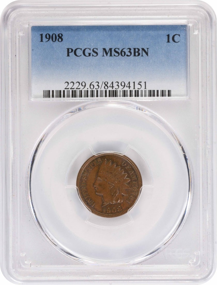 PCGS MS63BN 1908 Indian Head Small Cent: PCGS MS63BN 1908 Indian Head Small Cent 1908 Indian Head Small Cent graded MS63BN by PCGS. This copper United States coin is listed as uncirculated and pre-owned. Specifications Coin: Indian Head Smal