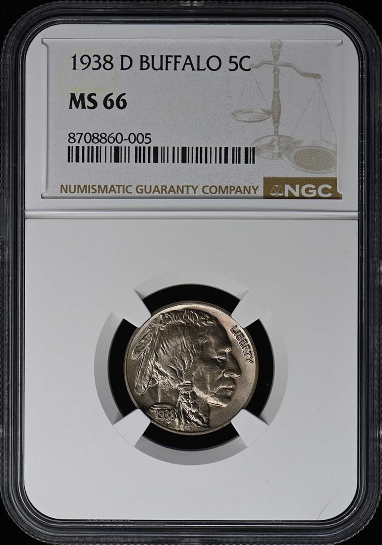 NGC MS66 1938 D Buffalo Nickel 5C: NGC MS66 1938 D Buffalo Nickel 5C 1938-D Buffalo Nickel Type 2 5C graded MS66 by NGC. This pre-owned coin is an uncirculated example of the Buffalo Nickel series struck in the United States. Specifica
