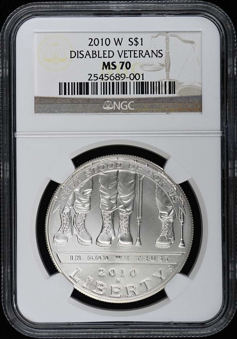 2010 W Disabled Veterans S$1 NGC MS70 Uncirculated Coin: 2010 W Disabled Veterans S$1 NGC MS70 Uncirculated Coin This 2010 W Modern Commemorative Disabled Veterans silver dollar coin is certified by NGC with a perfect grade of MS70, indicating its pristine 