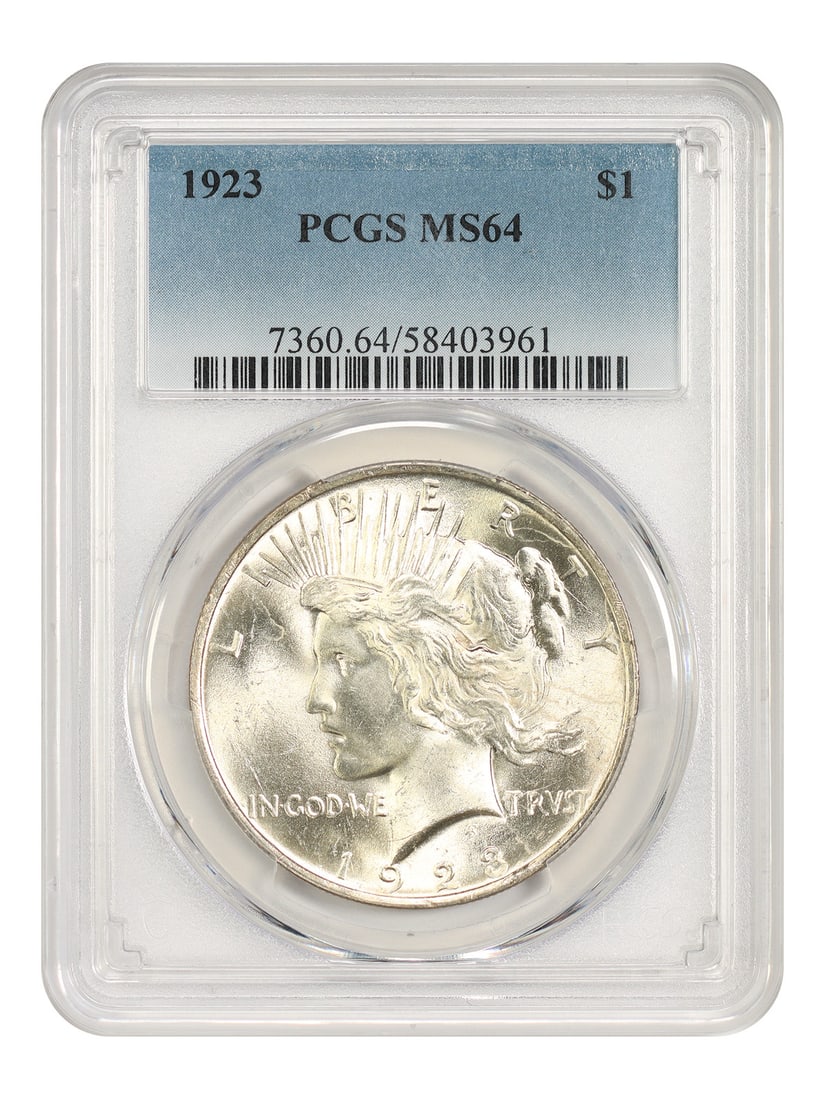 1923 Peace Dollar $1 PCGS MS64 Philadelphia Mint: 1923 Peace Dollar $1 PCGS MS64 Philadelphia Mint 1923 Peace Dollar certified by PCGS in MS64 grade. This uncirculated example is a popular collector date and is noted as one of the most common dates i