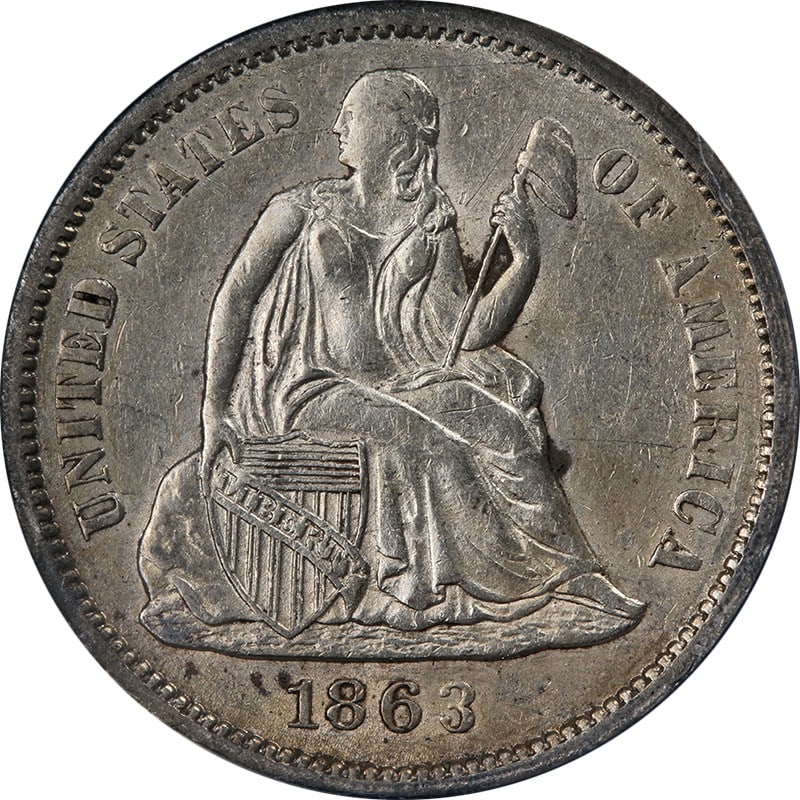 ANACS AU58 Details 1863-S Seated Liberty Dime Silver Key Date: ANACS AU58 Details 1863-S Seated Liberty Dime Silver Key Date 1863-S Seated Liberty Dime with decent eye appeal, a nice strike, and decent color and surfaces. This circulated silver coin is certified 