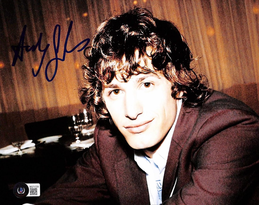 Beckett authenticated 8x10 signed photo of Andy Samberg: Beckett authenticated 8x10 signed photo of Andy Samberg Hand-signed 8x10 photograph of Andy Samberg. This pre-owned piece is authenticated by Beckett Authentication Services and features a bold blue i